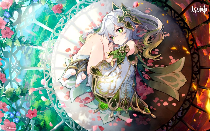 原神纳西妲银发绿眸少女倚坐花环中粉绿梦幻动漫电脑壁纸