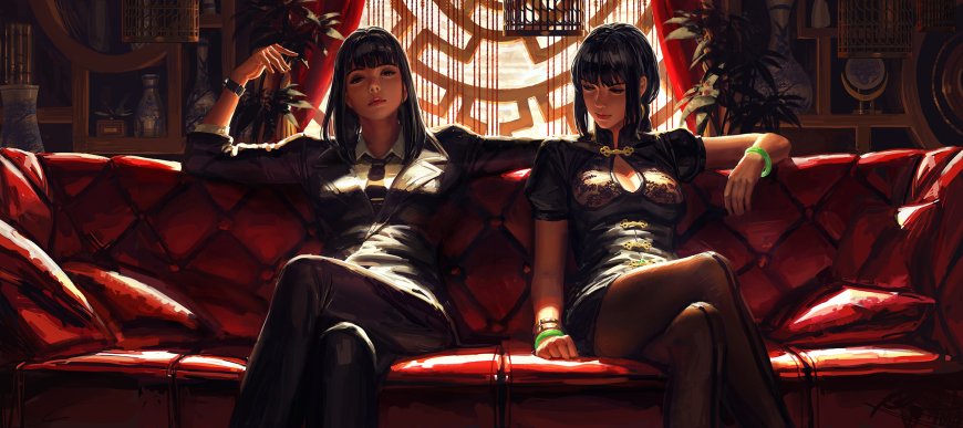 Guweiz原创插画《Bad Guys》黑发少女红沙发动漫电脑壁纸