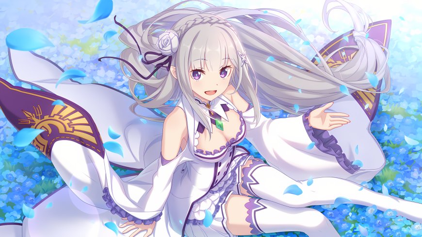 Re：从零开始的异世界生活爱蜜莉雅少女银发紫瞳蓝花海中唯美动漫电脑壁纸