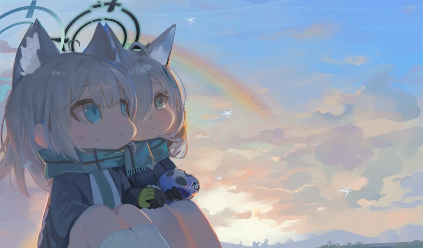 蔚蓝档案砂狼白子Q版同人猫耳少女拥抱彩虹天空蓝白动漫电脑壁纸