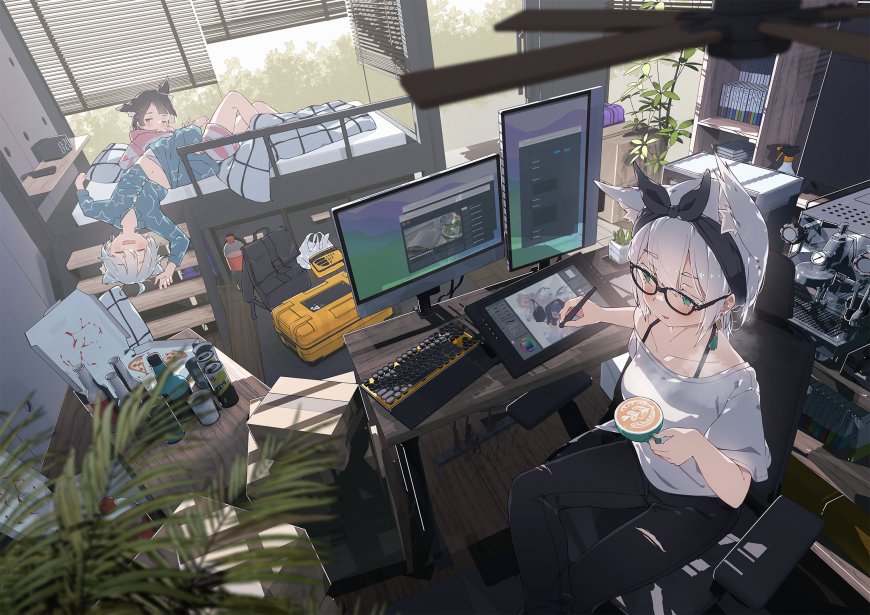 银发猫耳少女戴眼镜绘图暖灰动漫电脑壁纸