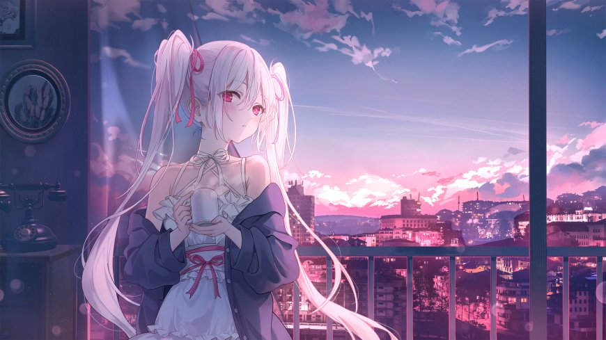 银发双马尾红瞳少女持杯倚窗粉紫梦幻动漫电脑壁纸