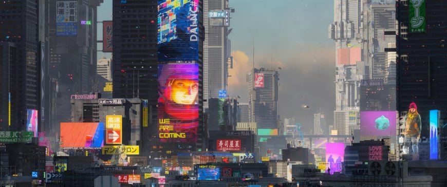 赛博朋克都市霓虹高楼林立紫蓝灰科幻电脑壁纸