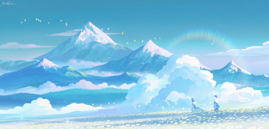 雪山云海花田双人漫步蓝白清新插画电脑壁纸