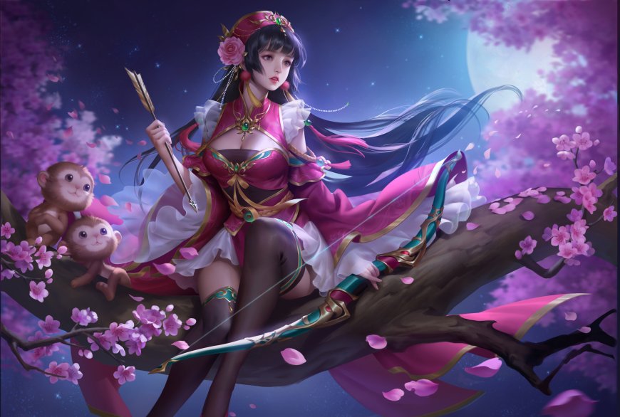 三国杀SP孙尚香皮肤花曳心牵樱花树下持弓少女粉紫梦幻动漫电脑壁纸
