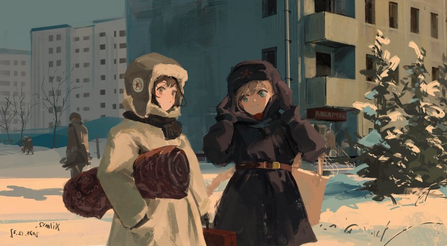 雪中两位少女穿厚冬装戴毛帽站立蓝灰冷调动漫电脑壁纸