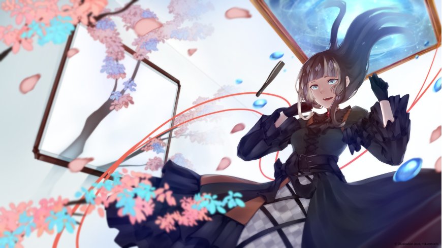 少女黑裙蓝眸樱花飞舞粉蓝梦幻动漫电脑壁纸