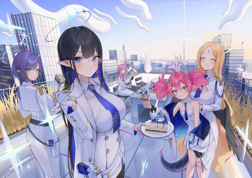蔚蓝档案同人精灵少女群像蓝白清新动漫电脑壁纸
