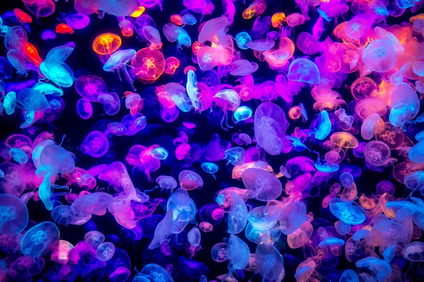 水母群荧光炫彩紫蓝粉梦幻海洋生物动物电脑壁纸