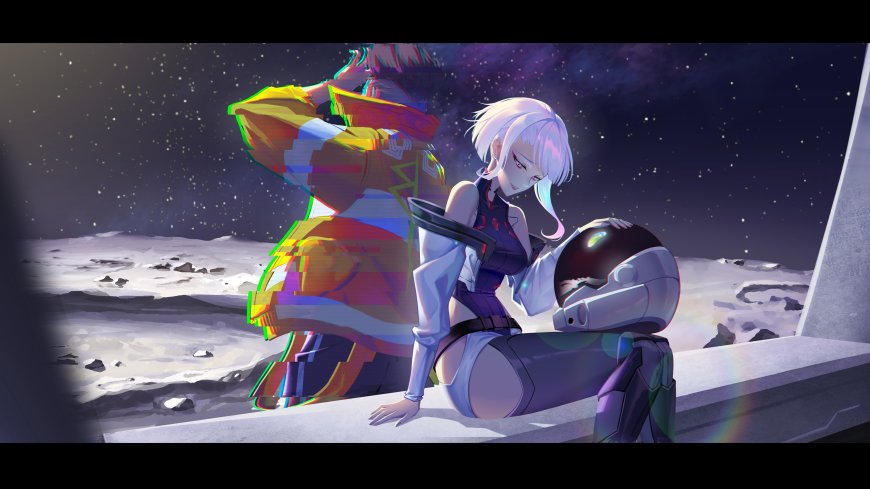 赛博朋克风格白发少女抱头盔坐月球表面紫蓝星空动漫电脑壁纸