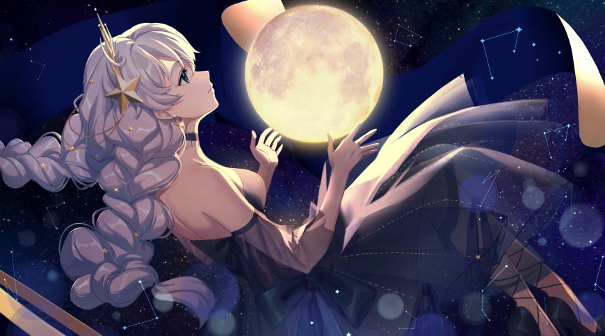 银发星饰少女仰望满月深蓝星空动漫电脑壁纸