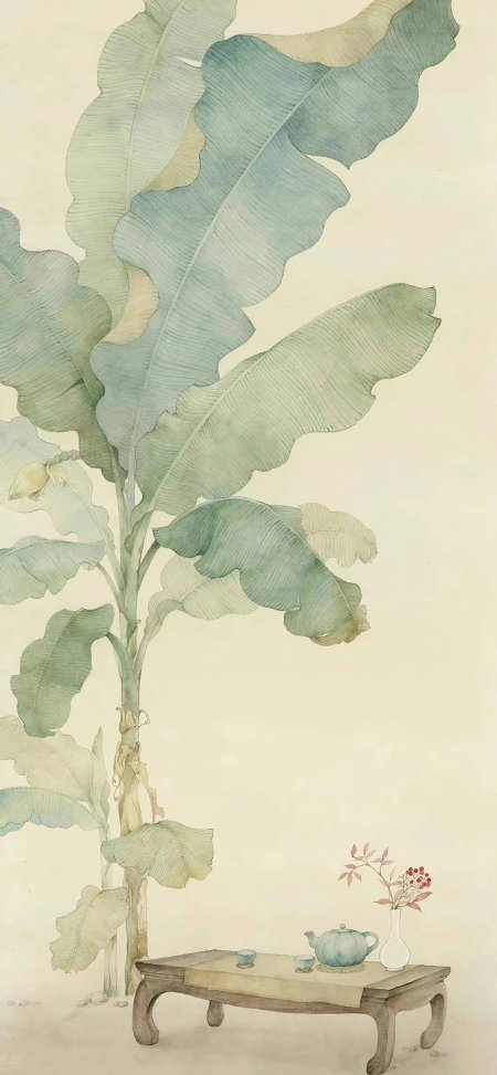 芭蕉树下茶席静置青绿古风水墨插画手机壁纸