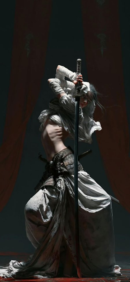 白发缠绷带持刀武士暗红血迹古风奇幻动漫手机壁纸