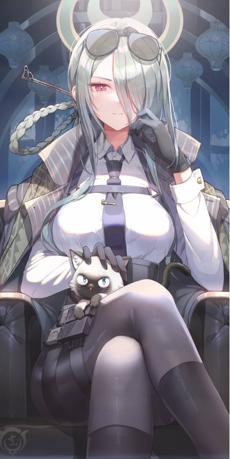 碧蓝档案近卫南银发粉瞳少女抱猫蓝灰动漫手机壁纸