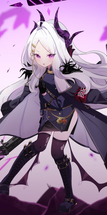 碧蓝档案空崎日奈白发紫瞳恶魔角军装少女动漫手机壁纸
