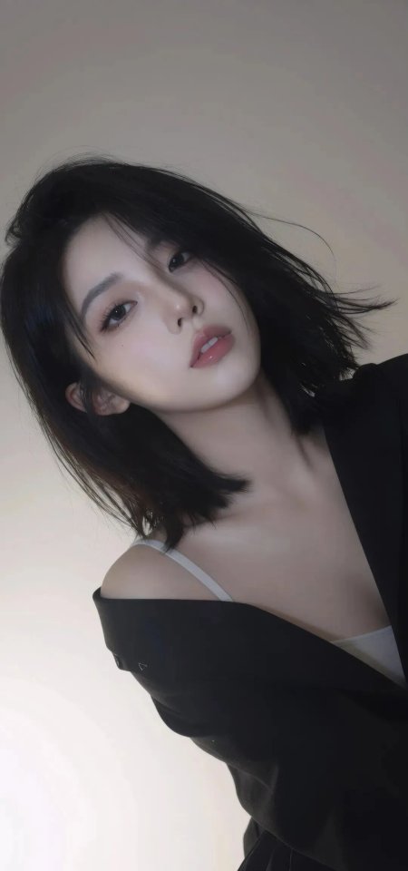 短发黑衣美女侧颜凝视暖灰人物摄影手机壁纸