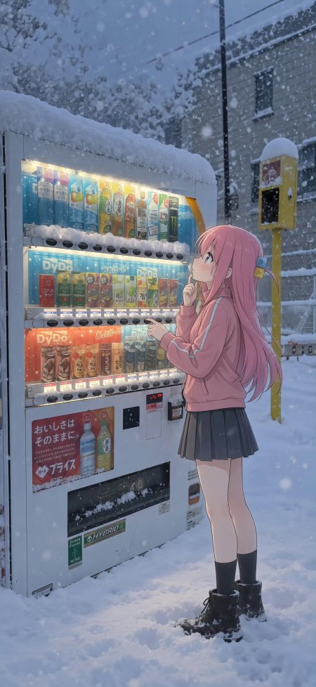 粉发少女雪中驻足自动贩卖机前蓝白冬日动漫手机壁纸