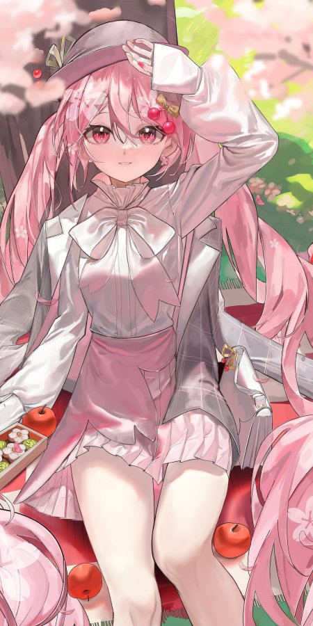 粉发少女樱花树下捧帽微笑粉紫动漫手机壁纸