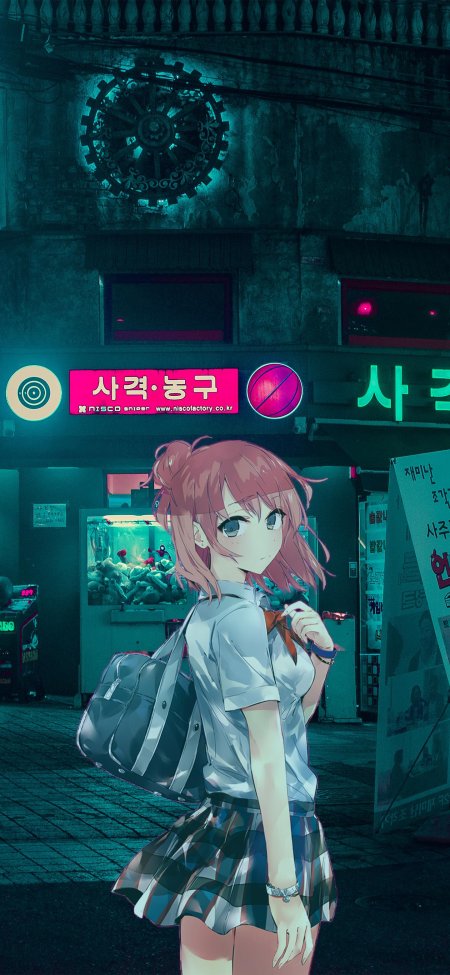 粉发双马尾少女夜街回眸青蓝霓虹动漫手机壁纸