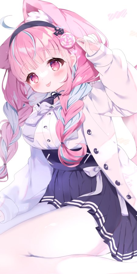 粉色双马尾猫耳少女手持棒棒糖粉紫动漫手机壁纸