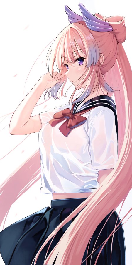 粉发紫瞳水手服少女侧颜轻抚面颊柔光动漫手机壁纸