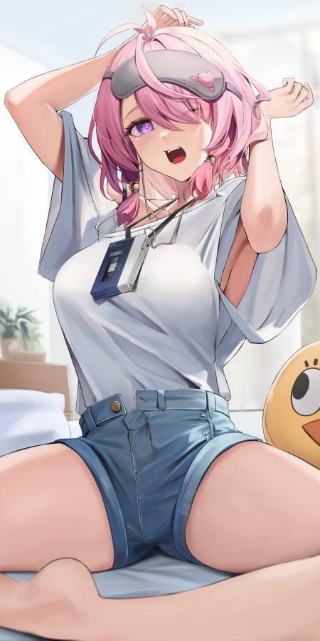 粉色双马尾少女戴眼罩伸懒腰蓝白清新动漫手机壁纸