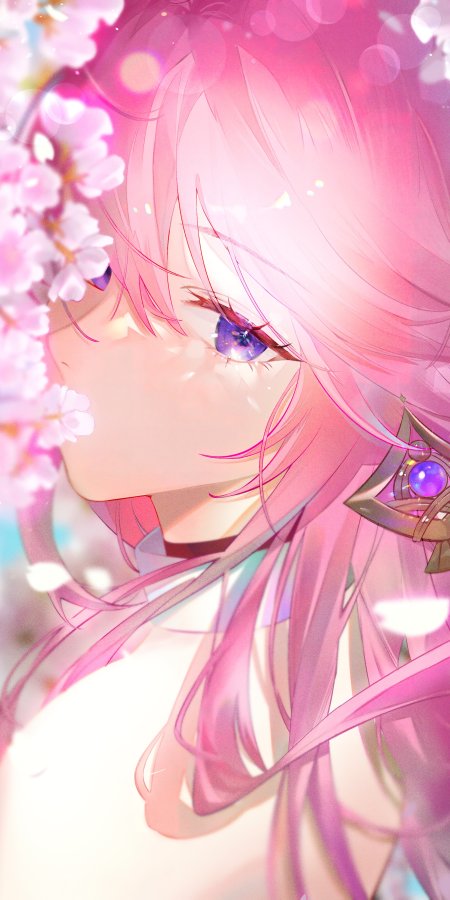 粉色长发紫瞳少女樱花环绕粉紫唯美动漫手机壁纸