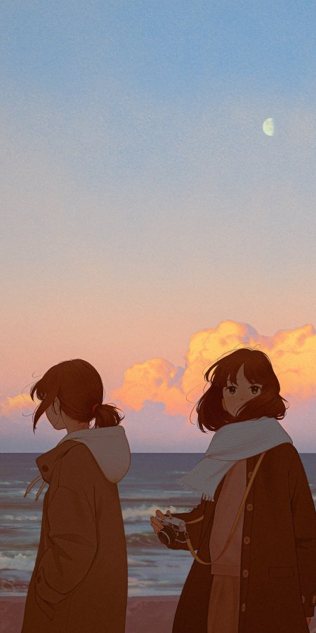 海边黄昏双少女持相机回眸粉橙动漫手机壁纸