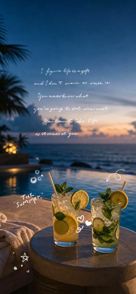 海边泳池柠檬薄荷冰饮夕阳唯美风景手机壁纸