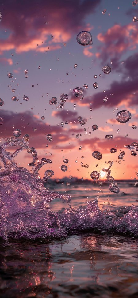海浪飞溅水珠晶莹紫粉渐变夕阳风景手机壁纸