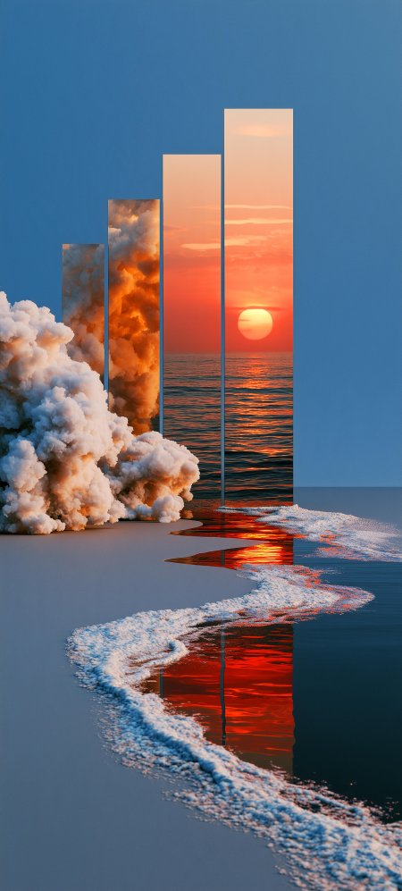 海面日落镜面分割云浪交织橙红蓝调创意艺术插画手机壁纸