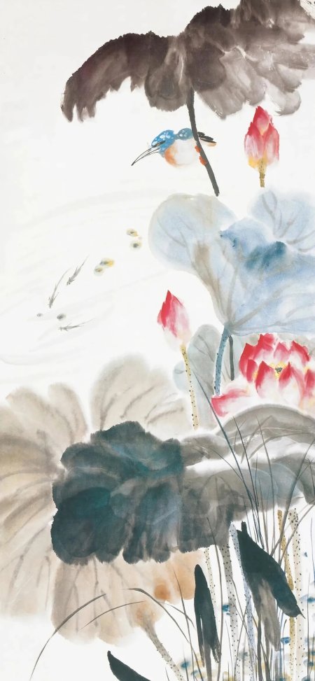 荷花翠鸟水墨淡雅禅意古风手机壁纸