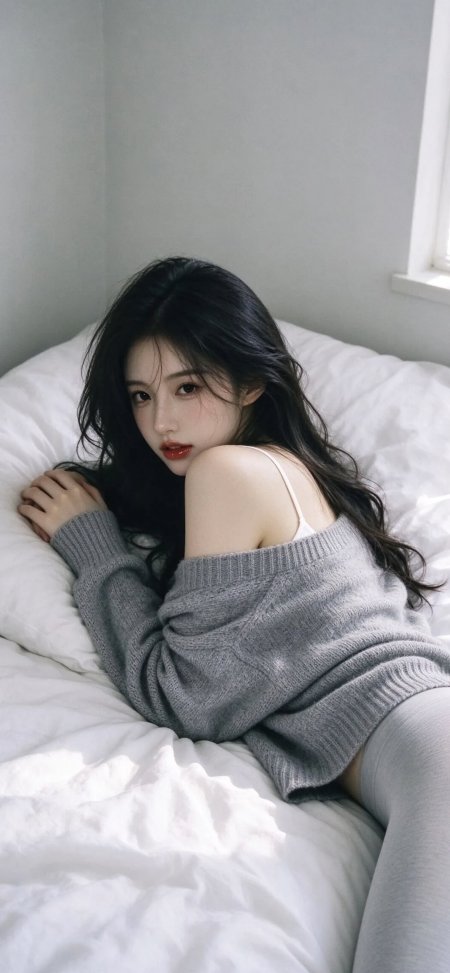 黑发红唇灰毛衣美女倚床柔光人物摄影手机壁纸