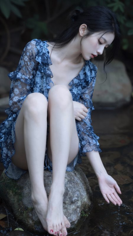 黑发美女蓝花纱裙溪边静坐唯美人物摄影手机壁纸