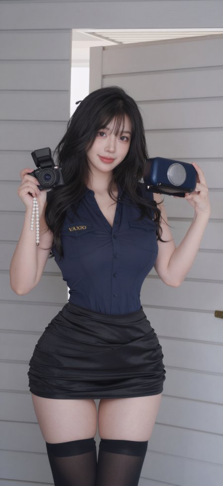 黑发少女手持相机与蓝牙音箱深蓝黑配色人物摄影手机壁纸
