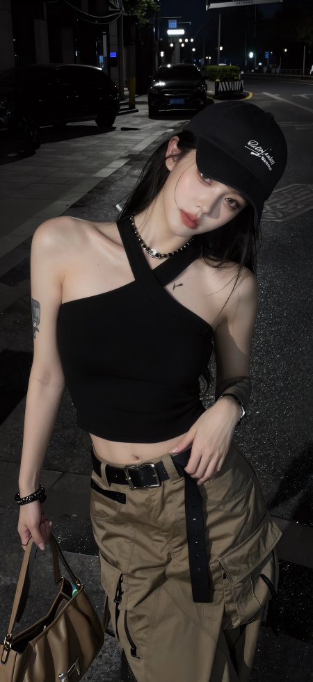 黑帽短发美女夜街倚靠暗调人物摄影手机壁纸
