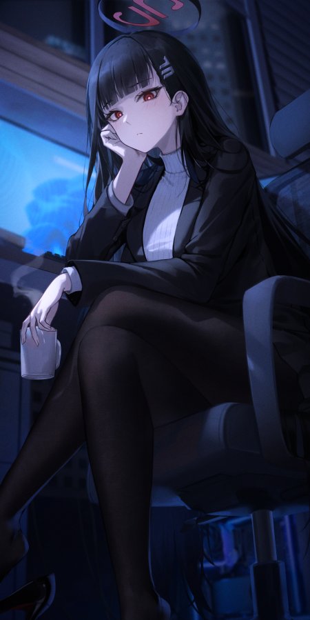 黑长直红瞳少女托腮持杯蓝调动漫手机壁纸