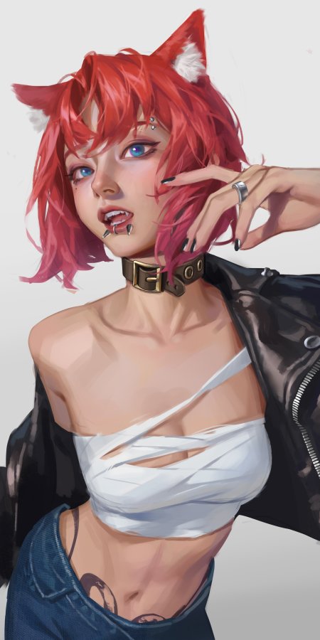 红发猫耳少女蓝眼穿孔皮衣白绑带动漫手机壁纸