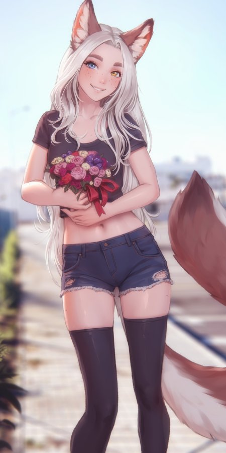 狐耳少女银发异色瞳抱花束蓝紫粉动漫手机壁纸