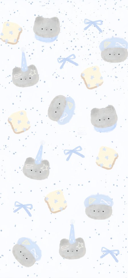 灰色小猫吐司蓝蝴蝶结浅蓝白可爱卡通手机壁纸