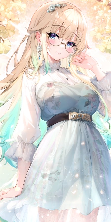 金发蓝瞳戴眼镜少女花裙微笑着春日暖光动漫手机壁纸