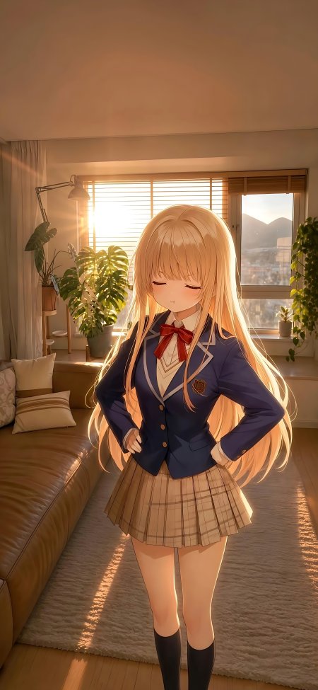 金发少女校服闭眼微笑暖金动漫手机壁纸