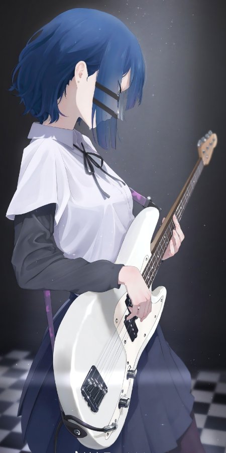 蓝发少女白衬衫黑裙弹奏白色贝斯暗紫星空动漫手机壁纸