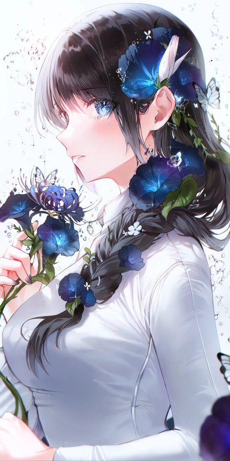 蓝发少女白裙侧颜蓝花蝴蝶点缀梦幻唯美动漫手机壁纸