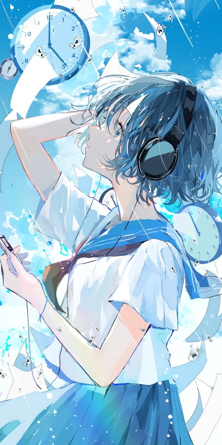 蓝发少女戴耳机仰望时钟碎片蓝天动漫手机壁纸