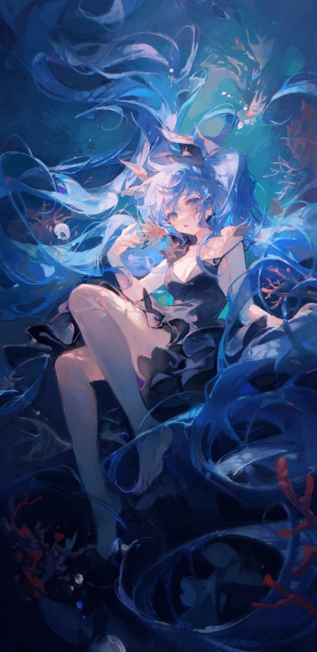 蓝发少女海底漂浮梦幻蓝紫动漫手机壁纸