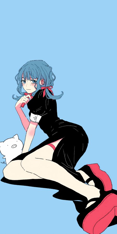 蓝发少女黑裙红鞋侧坐抱猫粉蓝动漫手机壁纸
