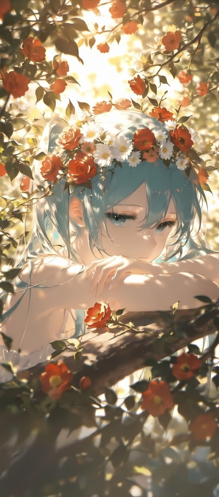 蓝发少女花环环绕橙白花朵暖金动漫手机壁纸