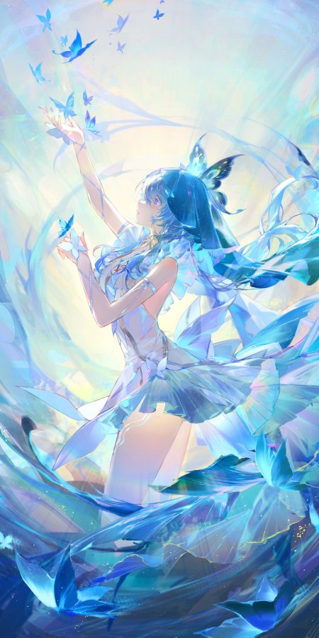 蓝发少女伸展双臂蝴蝶环绕蓝白梦幻动漫手机壁纸