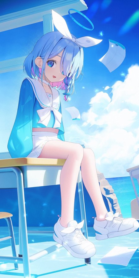蓝发少女水手服坐课桌天使环蓝白动漫手机壁纸
